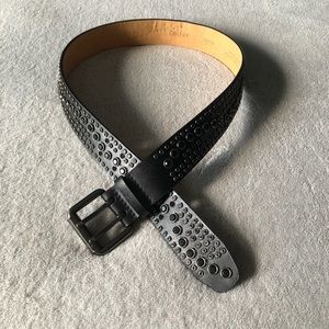 BLACK GENUINE LEATHER BELT WITH BLACK AND SILVER GEMS & BLACK METAL BUCKLE M